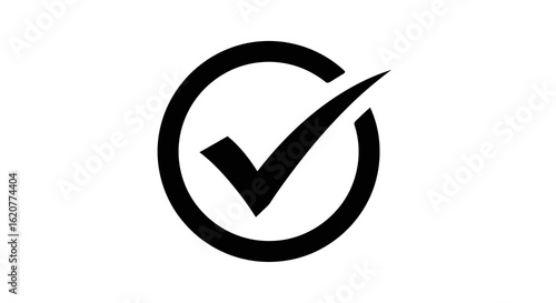 Black check mark inside a circle on a white background representing approval and successful validation