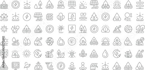 Renewable Energy Thin Line Icons Set. Ecology, Nature And Power Source Icon Collection