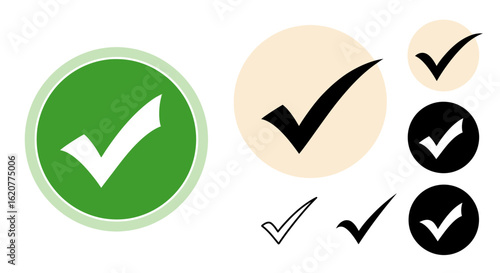 Collection of check mark icons in various styles and colors representing approval and confirmation