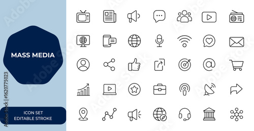 mass media icon collection, social networking, public communication, journalism, and networking concepts. Editable stroke outline vector illustration, digital media and more.