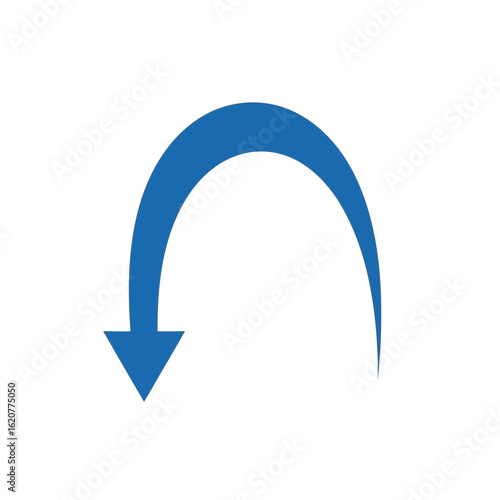 A simple blue curved arrow pointing downwards to indicate direction or a return path in a design