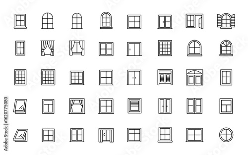 Linear window outline icon collection with editable stroke. Vector illustration set of window-related icons, clean line style for design, UI, app, architecture, home, interface, symbol, element