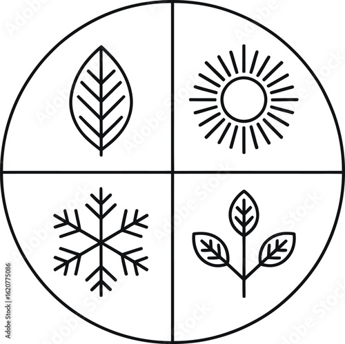Round Seasons Icon Leaf, Sun, Snowflake, Tree Branch in White Background