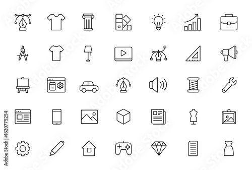 Design icon set featuring editable strokes and vector illustrations related to, architecture, branding, multimedia, fashion, interior, marketing, business, creativity and more.