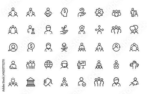 Outline icon collection of stakeholder-related symbols with editable stroke. Vector set featuring teamwork, leadership, partnership, investment, management, communication and more.