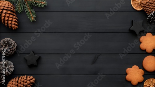 holiday cookies pinecones black background festive winter flatlay decor