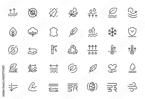 fabric and textile properties icon set. Editable stroke vector illustration with breathable, antibacterial, waterproof, sustainable, cotton, wool, insulation and more.
