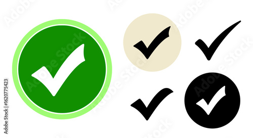 Collection of check marks in different styles and colors, including a green circle with a checkmark, isolated on white background