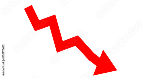 Red arrow pointing downwards, symbolizing decline and loss, isolated on white background