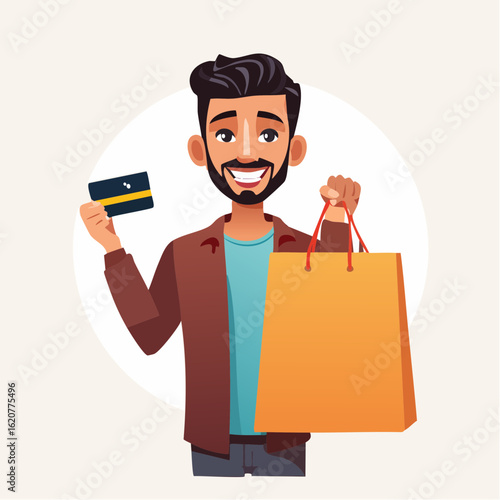 Shopaholic's Delight: A cheerful individual, exuding happiness, is holding shopping bag, and credit card showing an exciting shopping trip experience. 