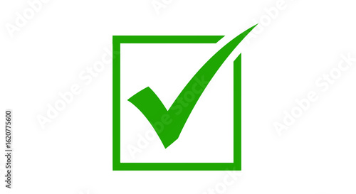 Green check mark inside a square box, isolated on white background