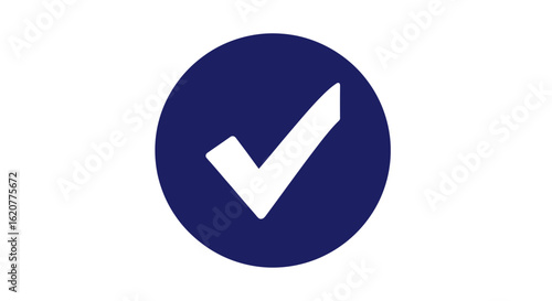 A white checkmark inside a dark blue circle, isolated on a white background