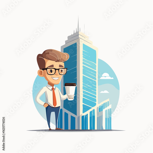 Office Worker’s Coffee Break: A smartly dressed office worker, eyeglasses perched on his nose, pauses outside a modern skyscraper, holding a coffee cup during his work break.