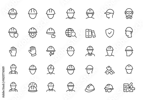 helmet icon set, hard hat, and headwear. Editable stroke vector illustration. Safety gear, construction protection, professional equipment, worker tools and more.