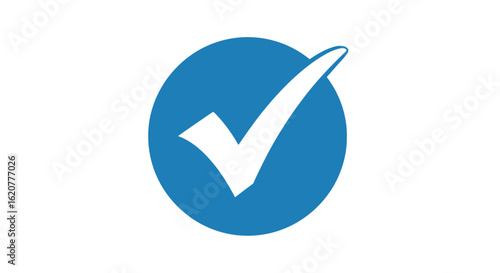 Blue circle with a white check mark symbol, isolated on a white background, representing confirmation, success, and approval