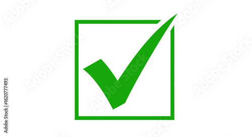 Green check mark inside a square box, isolated on white background