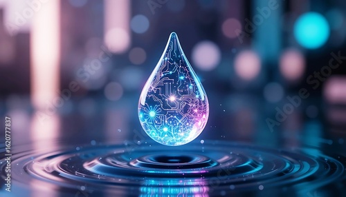 Digital water drop with circuit board pattern and ripple effect