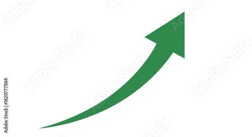 Green arrow pointing upwards indicating growth and progress, isolated on white background