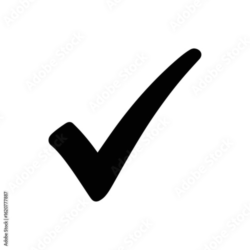 A simple black check mark on a white background representing approval confirmation and successful completion of a task
