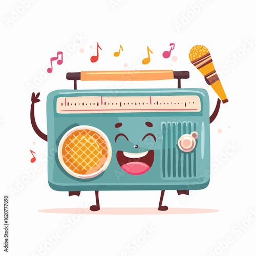 Vintage Radio Singing: A cheerful illustration of a vintage radio character, joyfully singing into a microphone amidst musical notes.