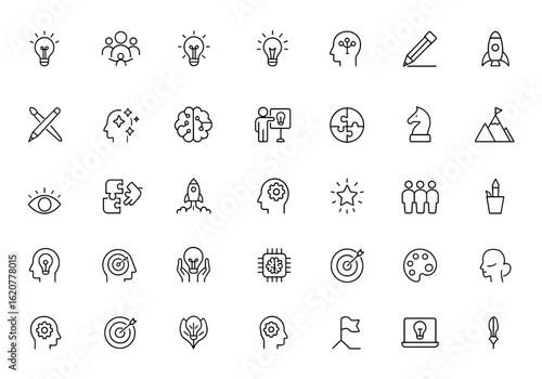 Creative and innovation line icon set featuring teamwork and invention concepts. Editable outline stroke collection. Vector illustration for design, idea, collaboration, inspiration and more.