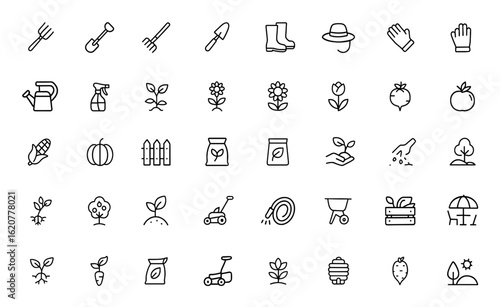 farming  icon set, gardening, landscaping, and cultivation. Vector illustration with stroke editable. Includes tools, plants, flowers, and backyard equipment and more.