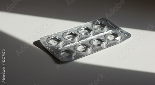 Empty blister pack, discarded, lying on a surface with dramatic shadow