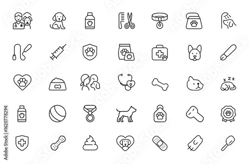 Outline set of linear dog care icons with editable stroke. Vector illustration collection featuring veterinary, puppy, grooming, accessory, hygiene, leash, vaccination, pet, food, medical, pharmacy