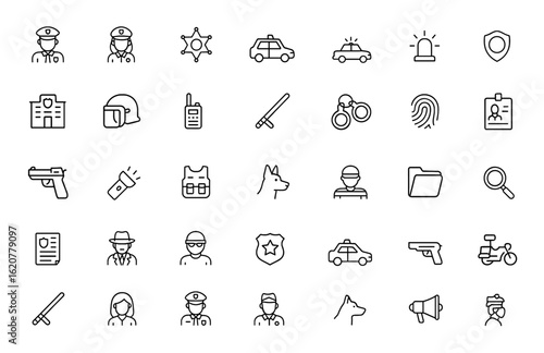 police icon set with editable stroke. Vector linear illustration collection featuring law enforcement, badges, crime, security, officers, patrol cars, helmets, handcuffs, safety, protection
