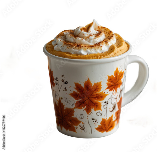 Pumpkin spice latte with whipped cream in a fall themed mug on black