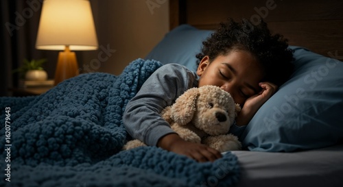 Smiling child, joyful, sleeping with teddy bear in cozy bed at night