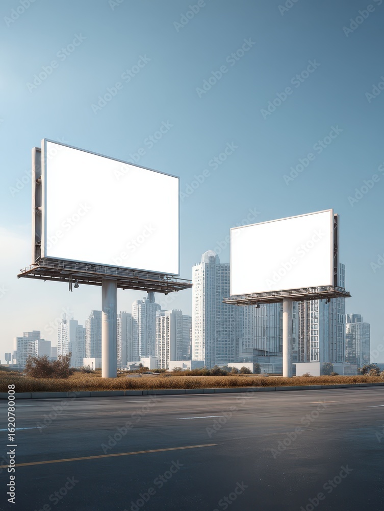 Fototapeta premium Blank outdoor advertising billboards and signs on the road and in the city with blue sky