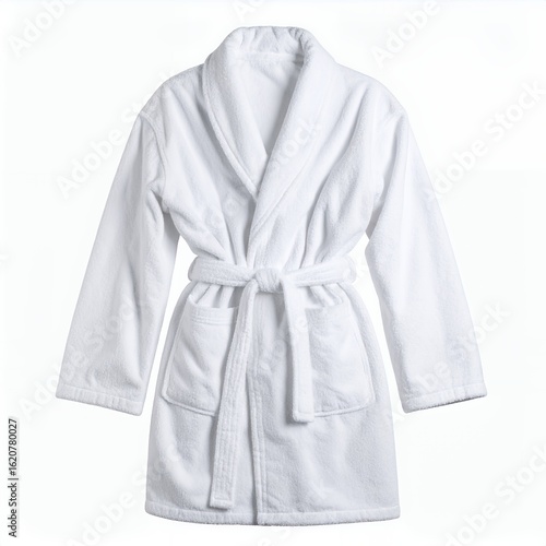 Elegant pristine white bathrobe showcasing soft texture and design details on white background