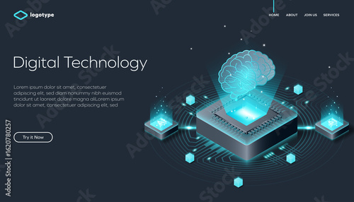Digital illustration of AI hardware with a glowing brain hologram above a microchip, surrounded by circuitry patterns and AI icons. Ideal for technology, innovation, artificial intelligence themes.