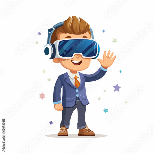 Child and VR glasses: An illustration of a joyful child immersed in virtual reality, experiencing the future with virtual reality headset, the design showing technology and the interactive world
