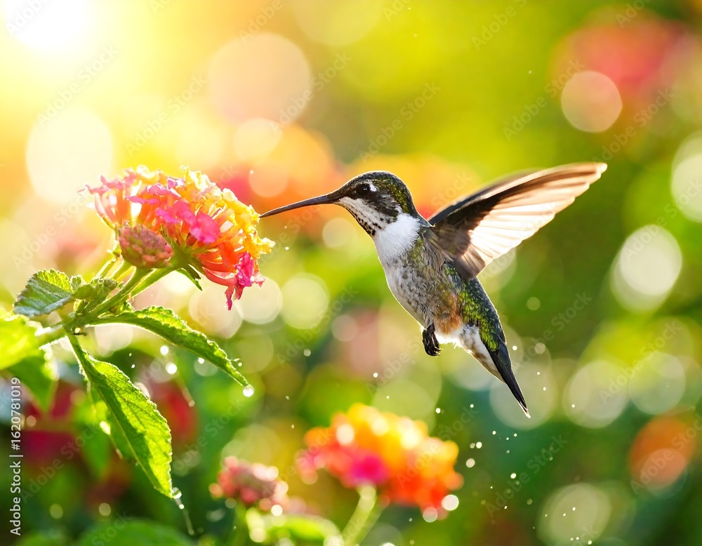 Fototapeta premium Hummingbird feeding on flower in vibrant garden