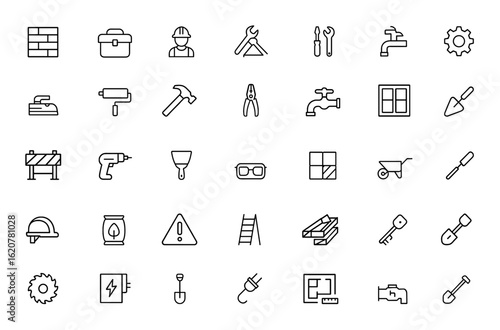 Building and construction icon pack featuring simple line editable stroke tools, repair, renovation, materials, work equipment, isolated design, vector illustration, industry and more.