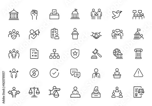 politics and governance icon set with editable strokes. Vector illustration featuring democracy, activism, election, parliament, diplomacy, freedom, law, protest, policy, voting