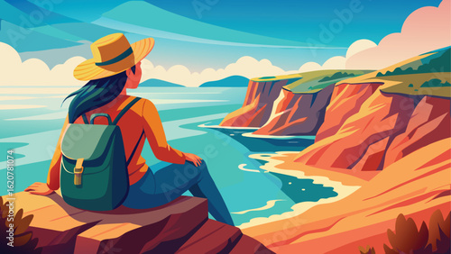 Woman with backpack enjoys scenic coastal cliff view