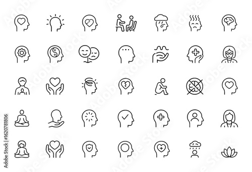 Mental health linear icon pack with editable stroke. Vector illustration featuring wellness, mindfulness, therapy, depression, anxiety, brain, emotional balance, psychologist and more.