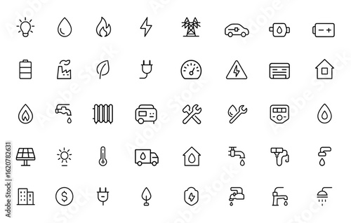 energy icon set, water, gas concepts. Vector illustration with clean line style suitable for web, apps, design, eco, power, utilities, fuel, liquid and more.