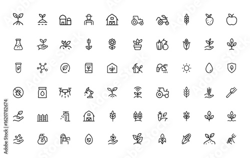 agriculture-related icons set with editable strokes. Vector illustration for farming, gardening, biotechnology, crop protection, smart farming and more.