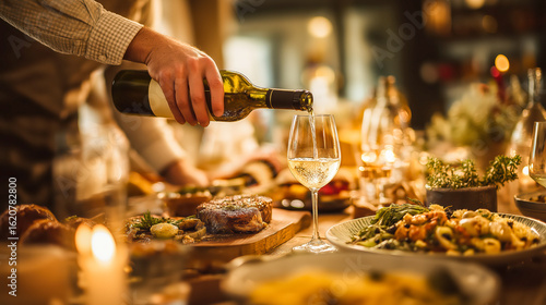 Man pouring white wine from bottle into a glass at a dinner table setting with food. Thanksgiving day, holiday celebration.