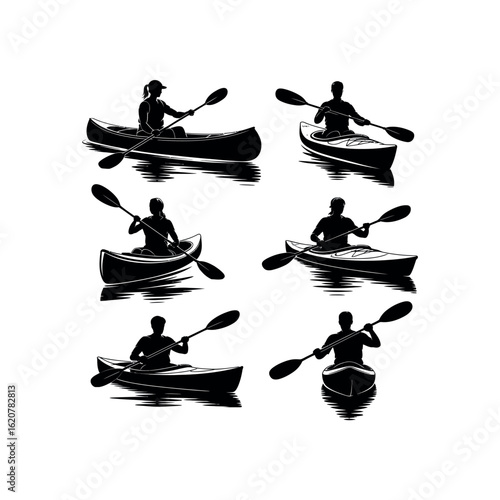 Six black silhouettes of people kayaking on white background canoe person