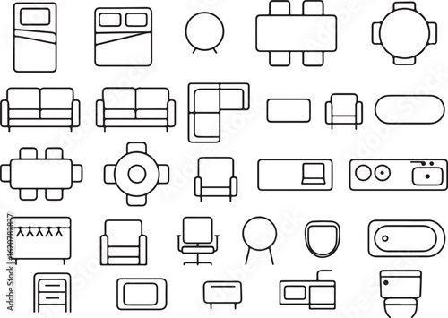 thin line furniture icons set, top view floor plan symbols for interior design
