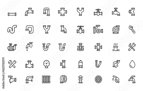 pipeline icon set with editable stroke. Vector illustration featuring pipe, connection, construction, plumbing, equipment, valve, pump, drainage, industrial, repair, heating and more.