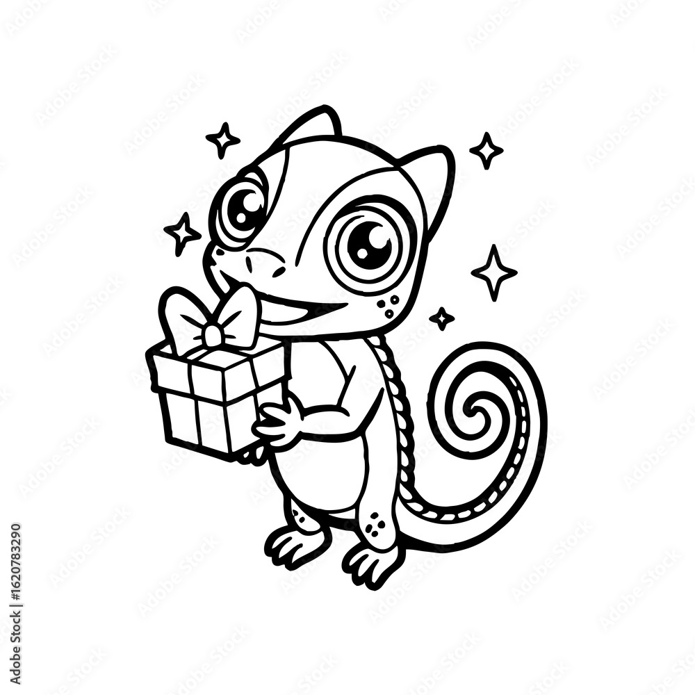 Obraz premium A cartoon chameleon smiling and holding a wrapped gift box with a bow, surrounded by sparkling stars.