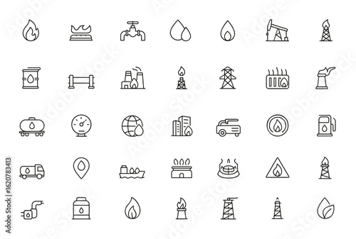 Natural gas outline icon set with editable stroke. Linear vector illustration of energy, pipeline, fossil fuel, industry, extraction, power, heating, transport, storage, and ecology and more.