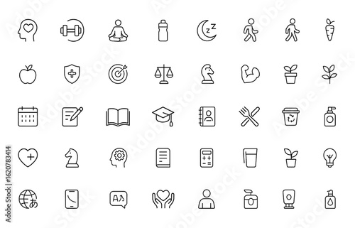 Outline icons set featuring good habits and healthy lifestyle symbols. Editable linear stroke vector illustration of mental health, fitness, meditation, hydration, sleep and more.