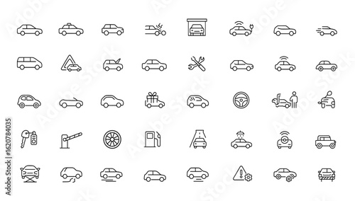 civil car symbols icon set with editable strokes. Vector illustration featuring transportation, automotive, driving, parking, accident, vehicle, traffic and more.